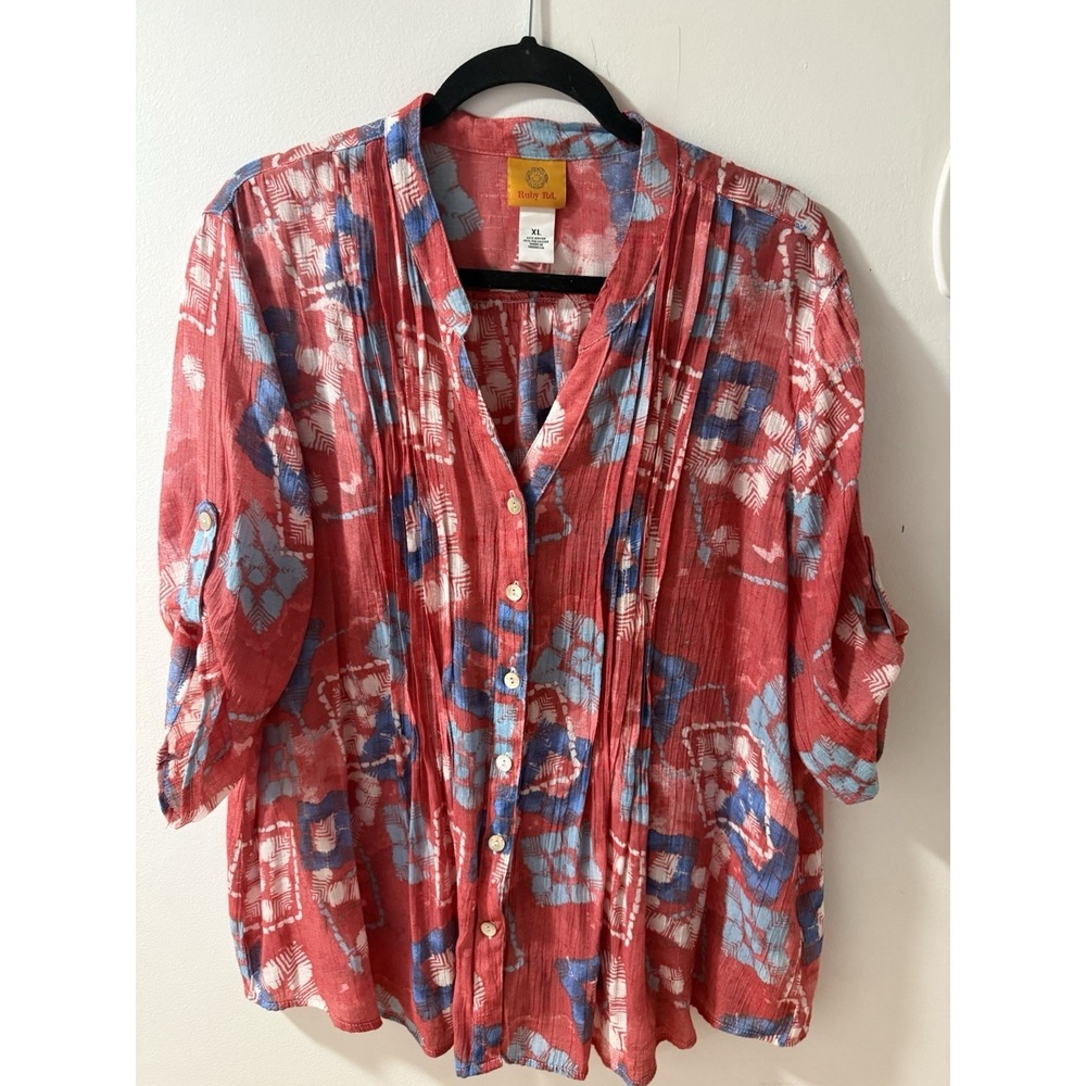 Ruby Rd Pintucked‎ Linen Blend Button Up Red & Blue Floral 3/4 Sleeve Blouse XL
